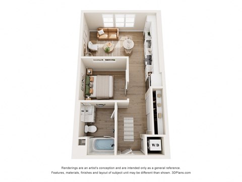 Floor plan for 1 bed, 1 bath, 581 sqft
